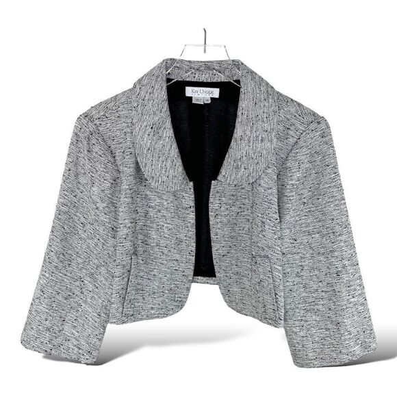 KAY UNGER Metallic Black and White Silk-Blend Tweed Crop Jacket/Blazer - Size 16 - Picture 1 of 9